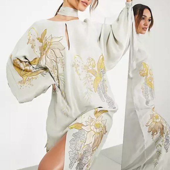 ASOS Dresses & Skirts - ASOS EDITION satin floral embroidered midi dress in sage green